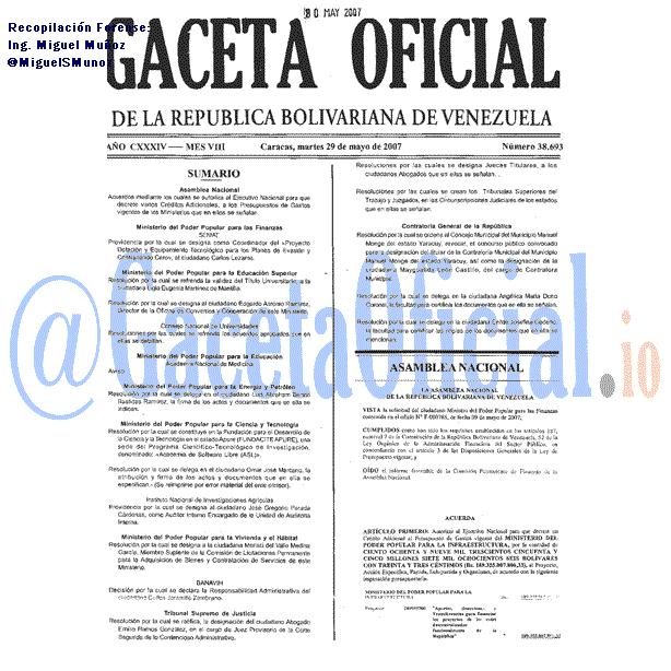 Gaceta Oficial 38693 del 29 Mayo 2007