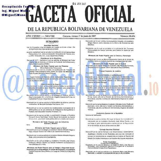 Gaceta Oficial 38696 del 1 Junio 2007