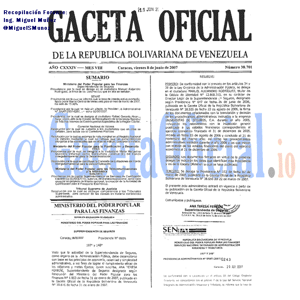 Gaceta Oficial 38701 del 8 Junio 2007