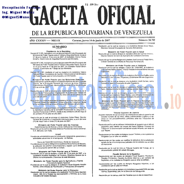 Gaceta Oficial 38705 del 14 Junio 2007