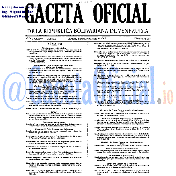 Gaceta Oficial 38708 del 19 Junio 2007