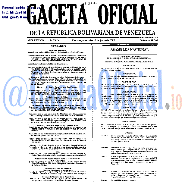 Gaceta Oficial 38709 del 20 Junio 2007