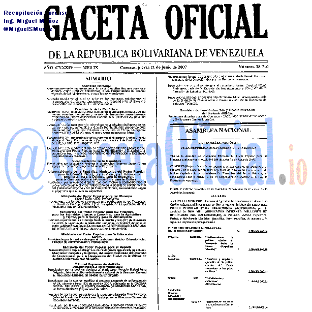 Gaceta Oficial 38710 del 21 Junio 2007