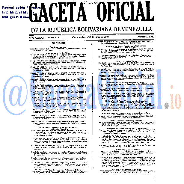 Gaceta Oficial 38712 del 25 Junio 2007