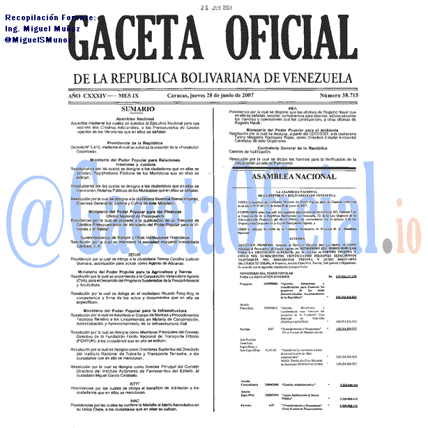 Gaceta Oficial 38715 del 28 Junio 2007