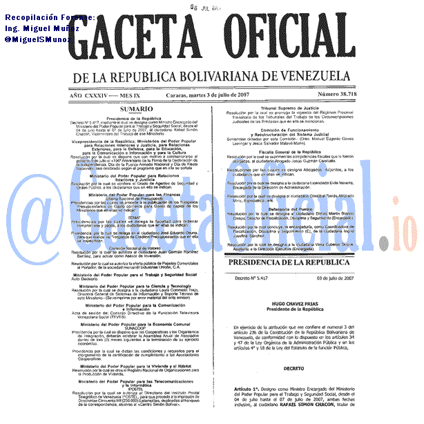 Gaceta Oficial 38718 del 3 Julio 2007