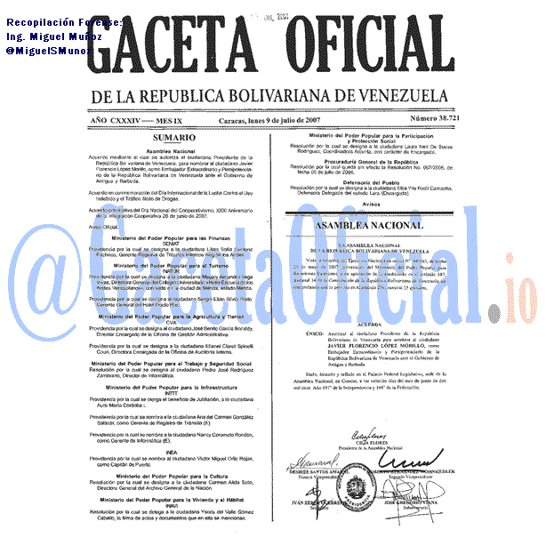 Gaceta Oficial 38721 del 9 Julio 2007