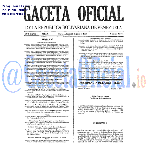 Gaceta Oficial 38726 del 16 Julio 2007