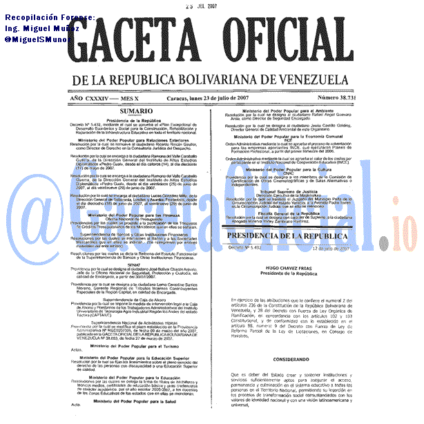Gaceta Oficial 38731 del 23 Julio 2007