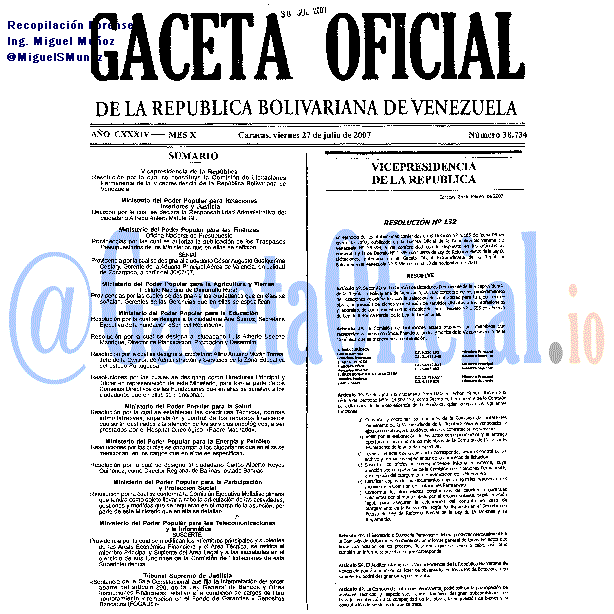 Gaceta Oficial 38734 del 27 Julio 2007
