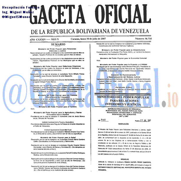 Gaceta Oficial 38735 del 30 Julio 2007
