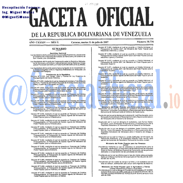 Gaceta Oficial 38736 del 31 Julio 2007