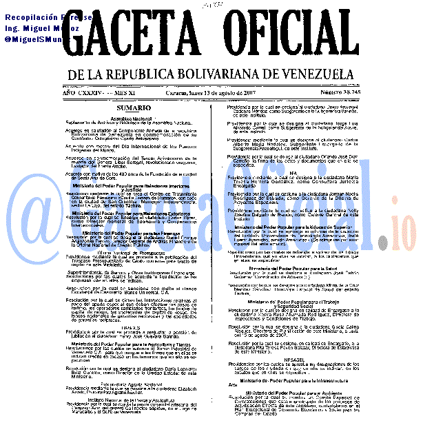 Gaceta Oficial 38745 del 13 Agosto 2007