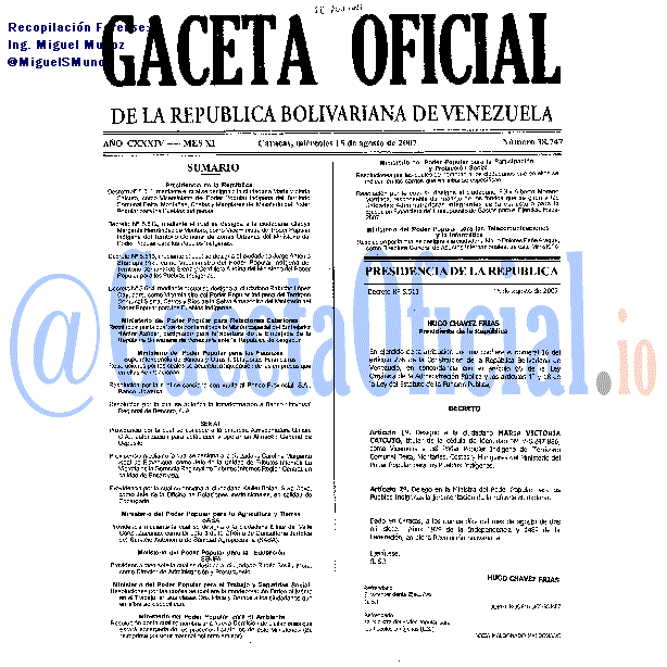 Gaceta Oficial 38747 del 15 Agosto 2007