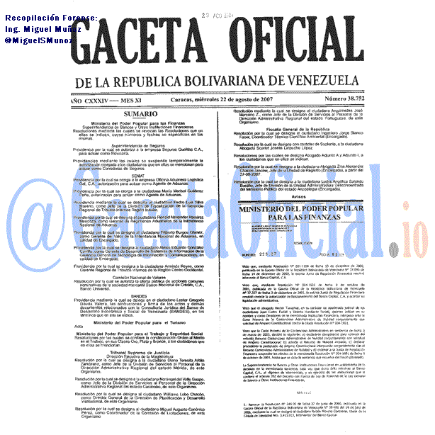 Gaceta Oficial 38752 del 22 Agosto 2007