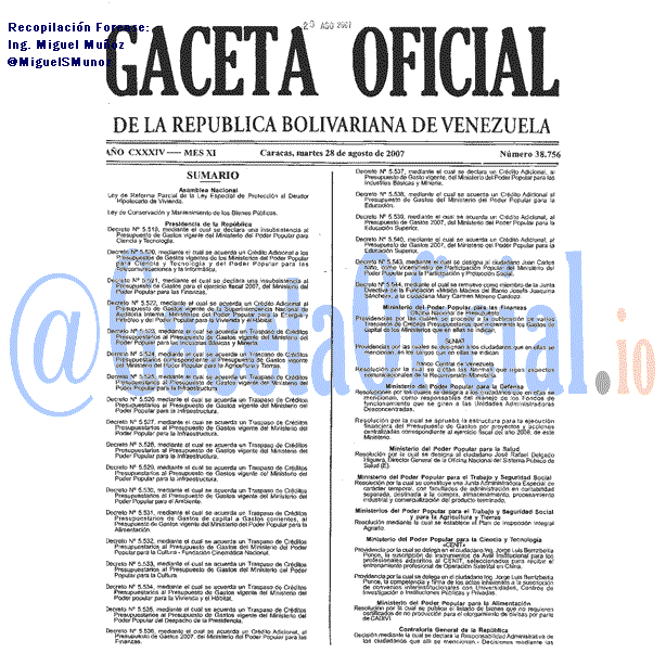 Gaceta Oficial 38756 del 28 Agosto 2007