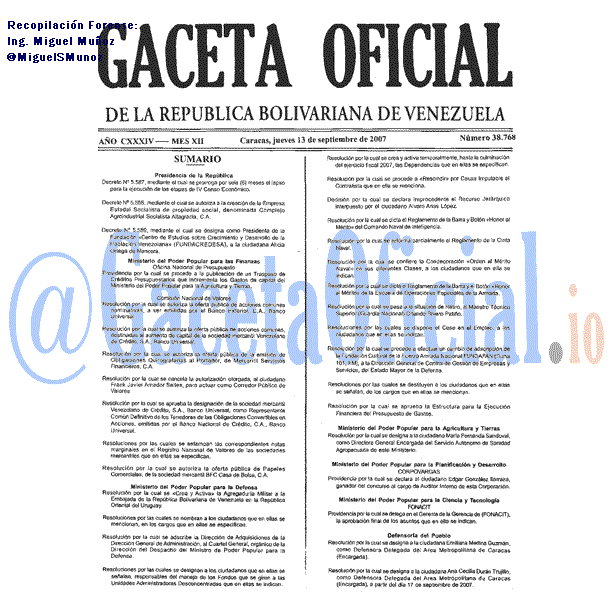 Gaceta Oficial 38768 del 13 Septiembre 2007