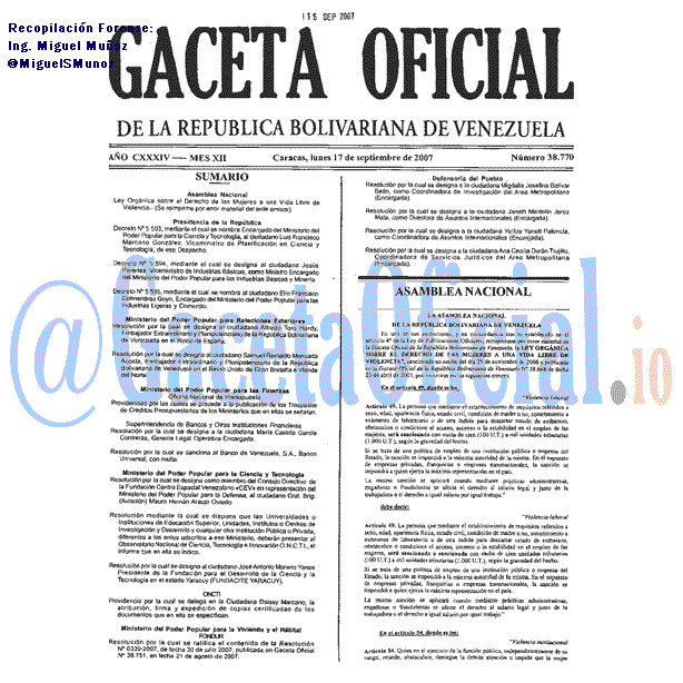 Gaceta Oficial 38770 del 17 Septiembre 2007