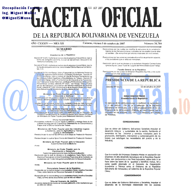 Gaceta Oficial 38784 del 5 Octubre 2007