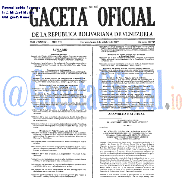 Gaceta Oficial 38785 del 8 Octubre 2007