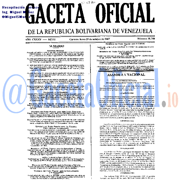 Gaceta Oficial 38798 del 29 Octubre 2007