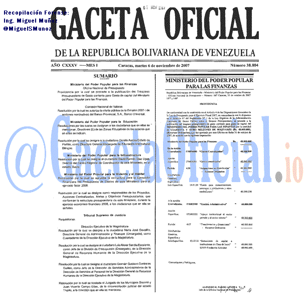 Gaceta Oficial 38804 del 6 Noviembre 2007