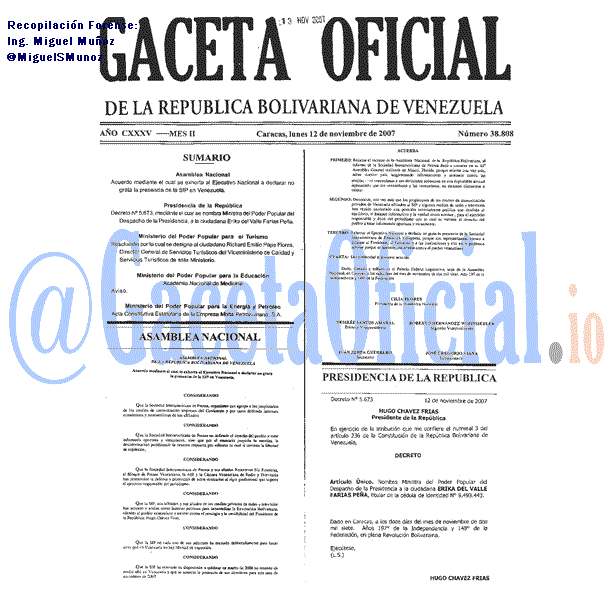 Gaceta Oficial 38808 del 12 Noviembre 2007