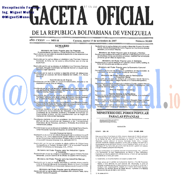 Gaceta Oficial 38809 del 13 Noviembre 2007