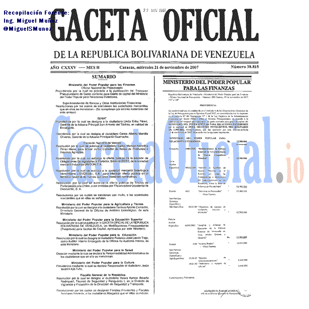 Gaceta Oficial 38815 del 21 Noviembre 2007