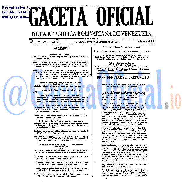 Gaceta Oficial 38819 del 27 Noviembre 2007