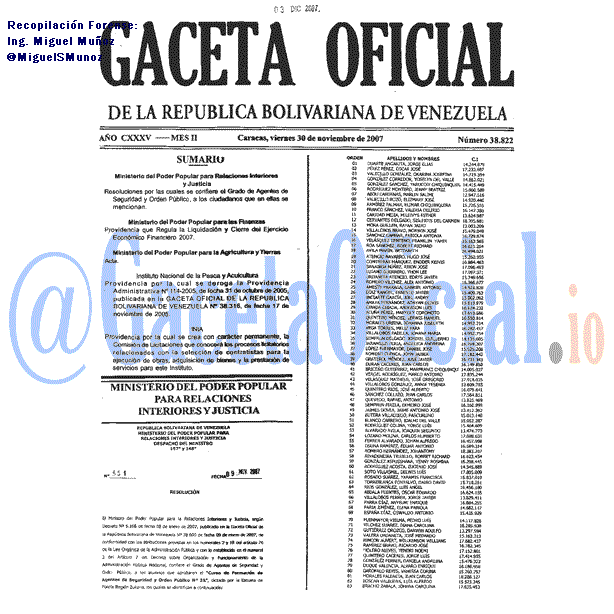 Gaceta Oficial 38822 del 30 Noviembre 2007