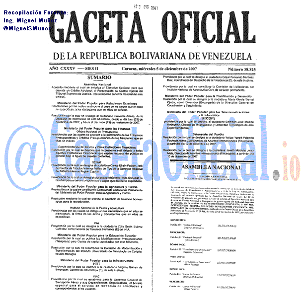 Gaceta Oficial 38825 del 5 Diciembre 2007