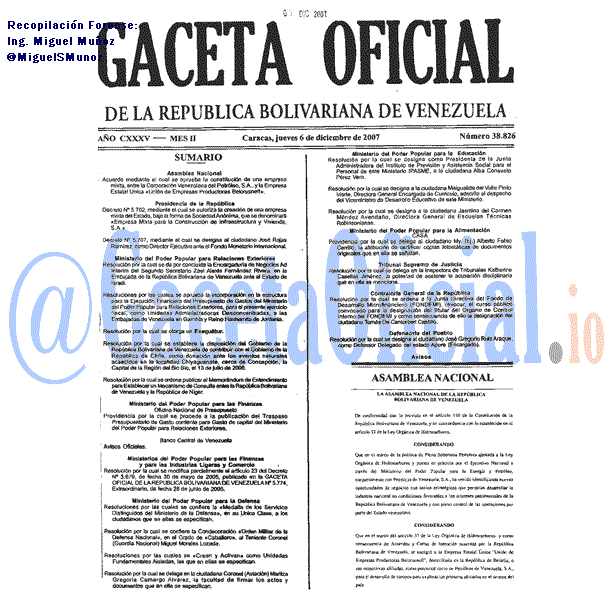 Gaceta Oficial 38826 del 6 Diciembre 2007