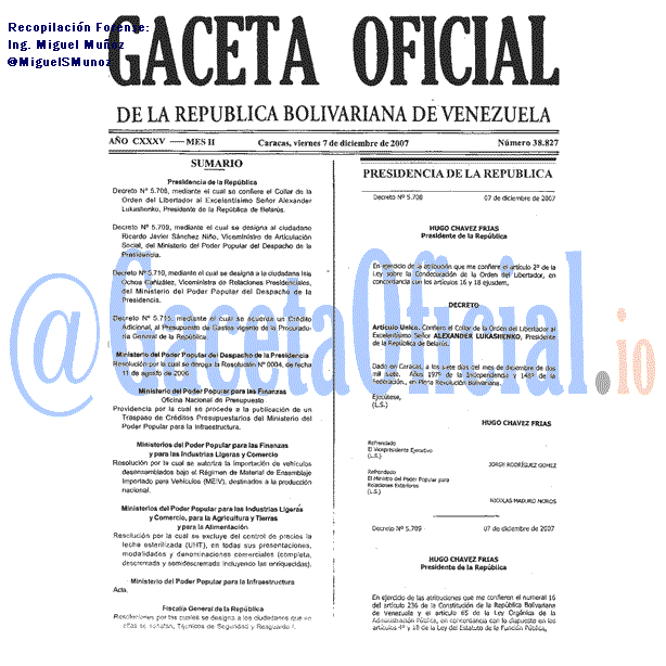 Gaceta Oficial 38827 del 7 Diciembre 2007