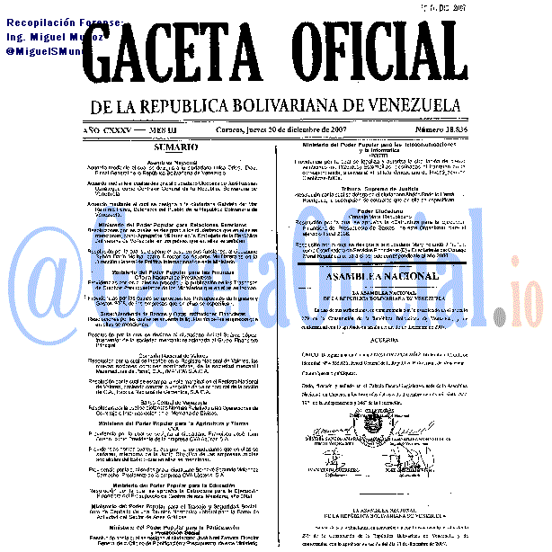 Gaceta Oficial 38836 del 20 Diciembre 2007