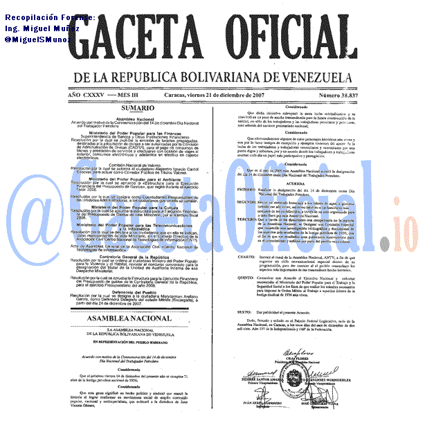 Gaceta Oficial 38837 del 21 Diciembre 2007