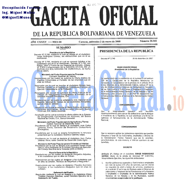 Gaceta Oficial 38841 del 2 Enero 2008
