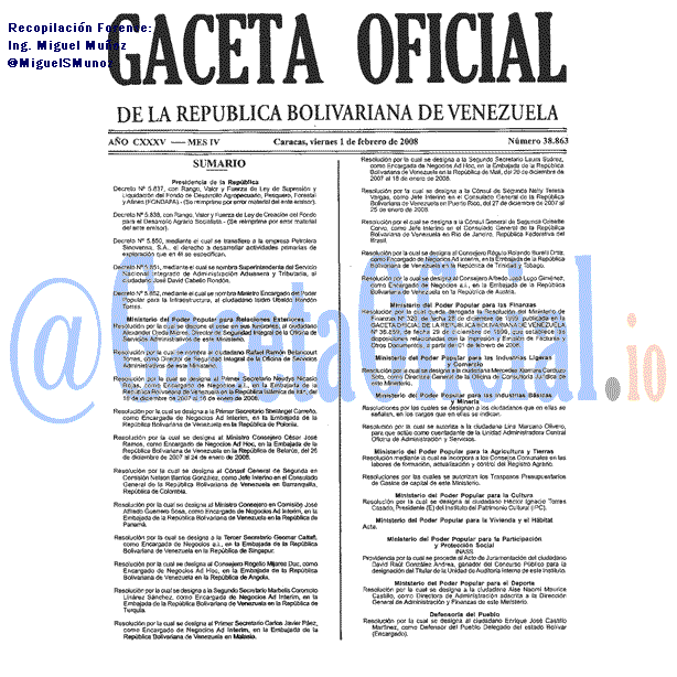 Gaceta Oficial 38863 del 1 Febrero 2008