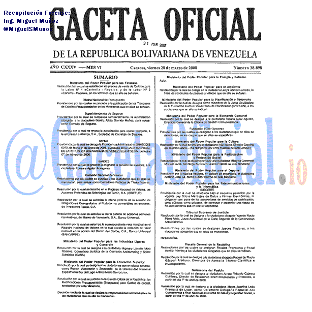 Gaceta Oficial 38898 del 28 Marzo 2008