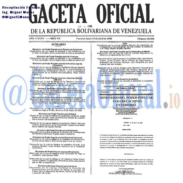 Gaceta Oficial 38909 del 14 Abril 2008