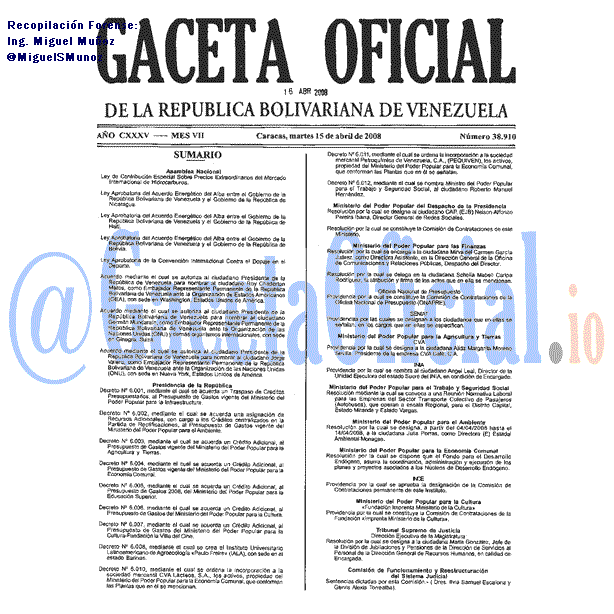 Gaceta Oficial 38910 del 15 Abril 2008