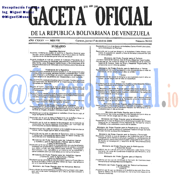 Gaceta Oficial 38912 del 17 Abril 2008