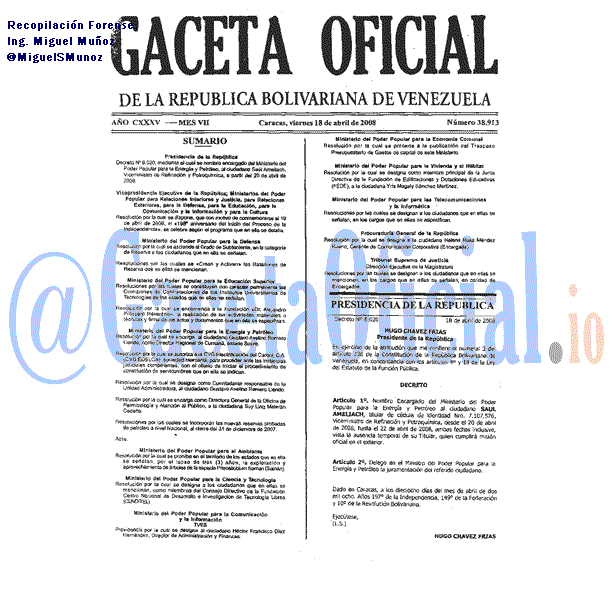 Gaceta Oficial 38913 del 18 Abril 2008