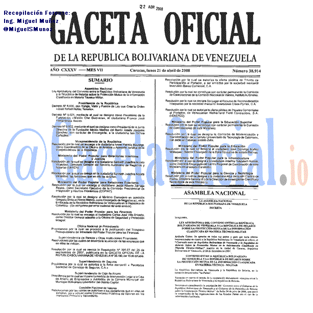 Gaceta Oficial 38914 del 21 Abril 2008