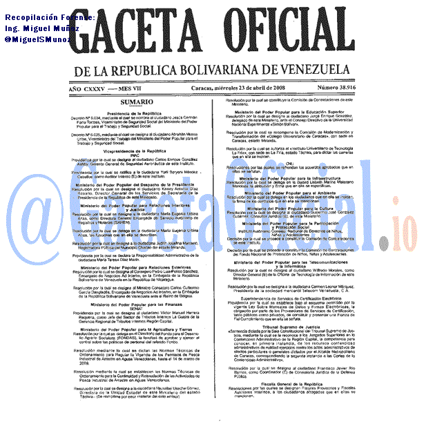 Gaceta Oficial 38916 del 23 Abril 2008