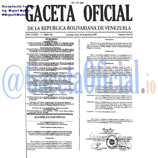 Gaceta Oficial 38919 del 28 Abril 2008
