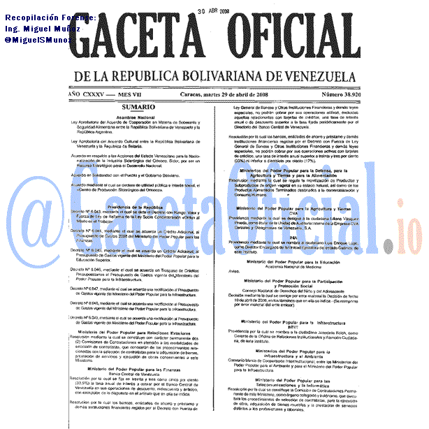 Gaceta Oficial 38920 del 29 Abril 2008