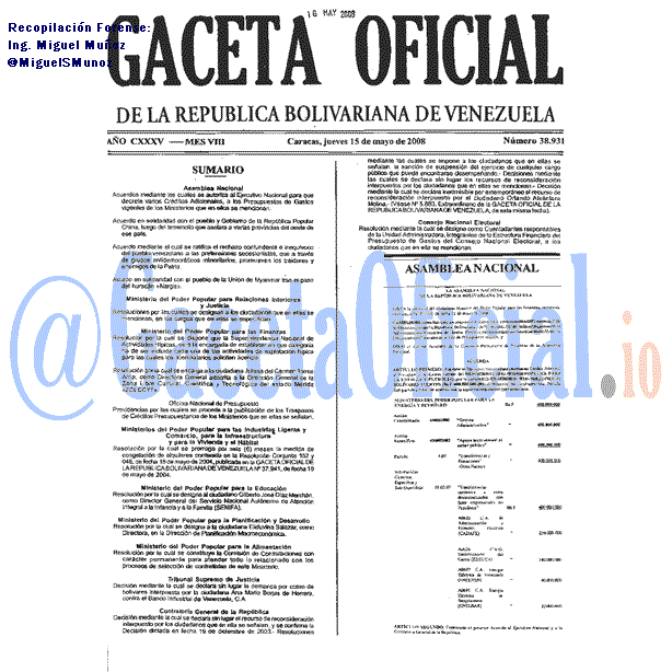 Gaceta Oficial 38931 del 15 Mayo 2008