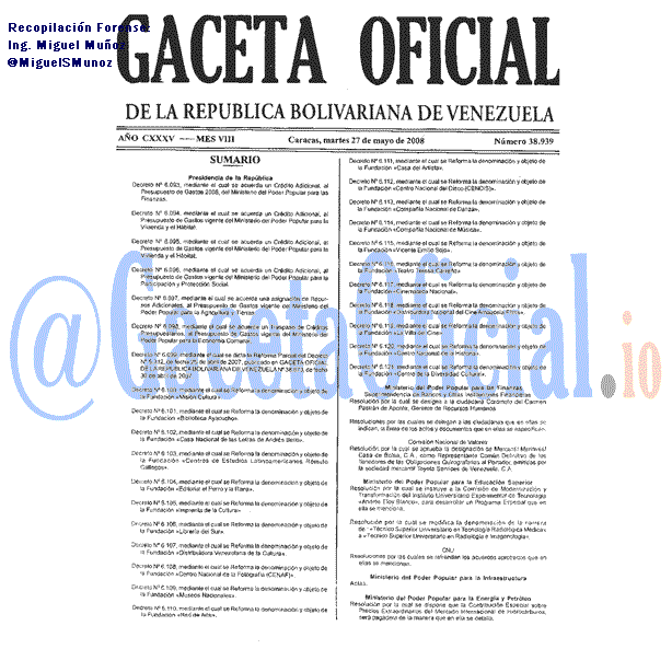 Gaceta Oficial 38939 del 27 Mayo 2008