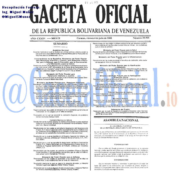Gaceta Oficial 38966 del 4 Julio 2008